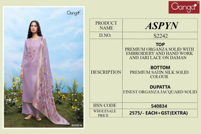 Aspyn 2242 By Ganga Heavy Organza Designer Dress Material Wholesale Online